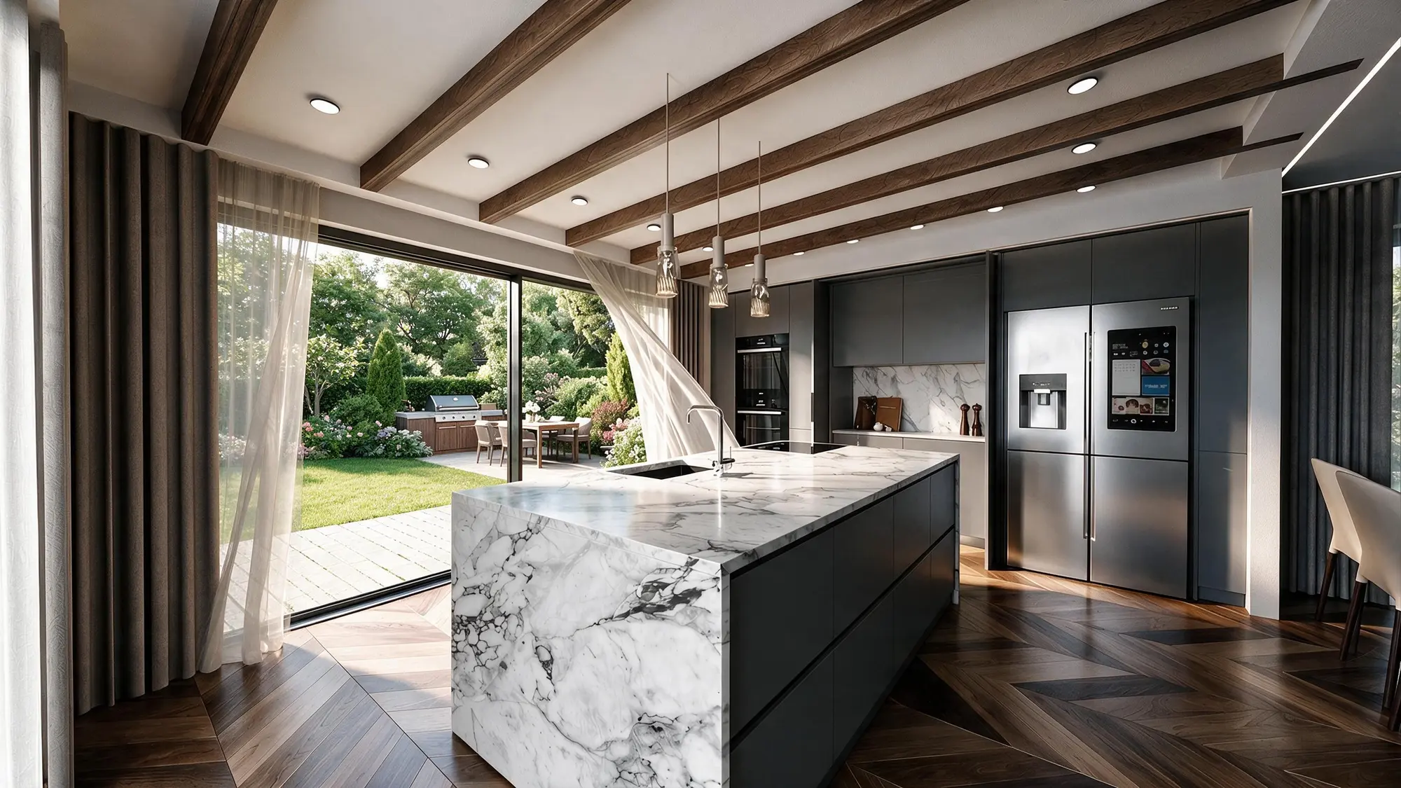 Contemporary kitchen opening towards the garden