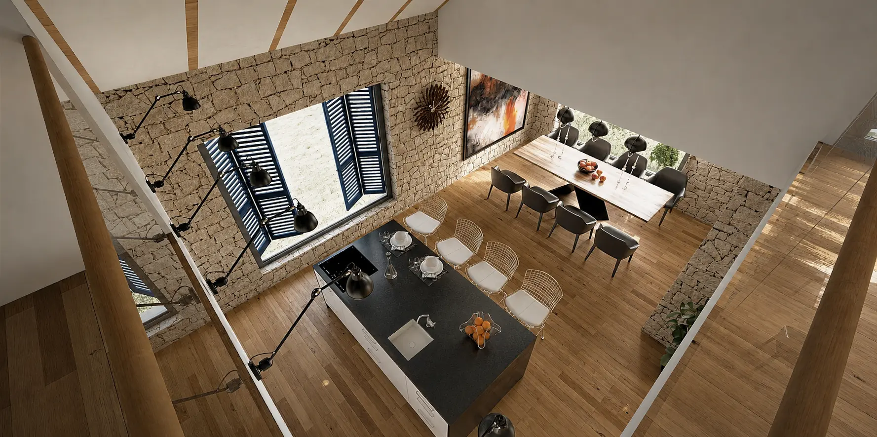 Dining and living area viewed from the upper level