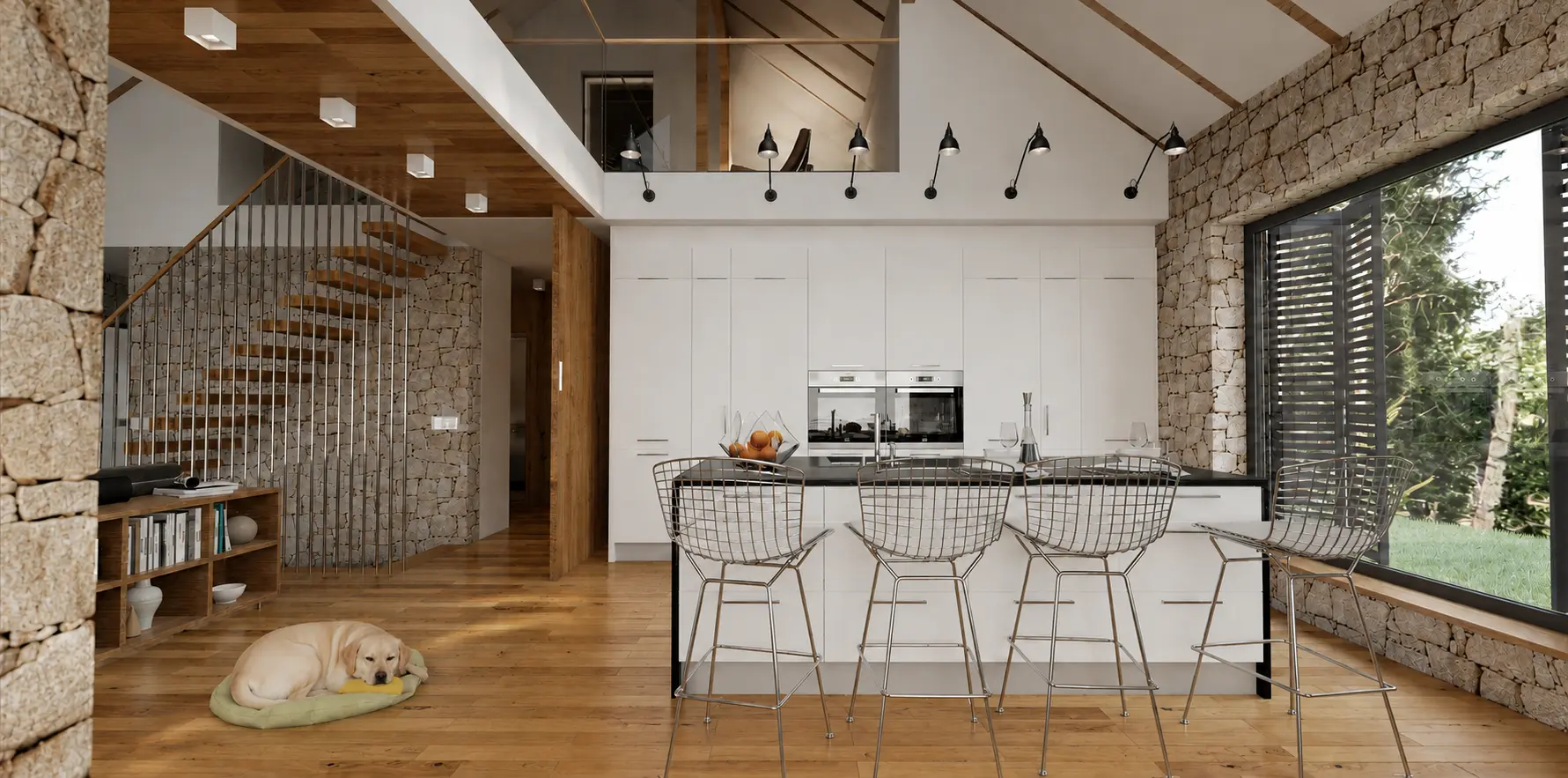 Kitchen with stone walls and timber cabinetry