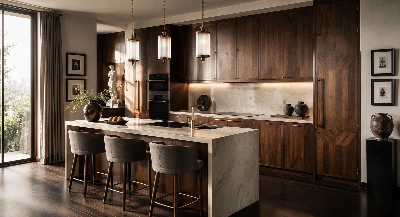 Kitchen with walnut cabinetry and stone island