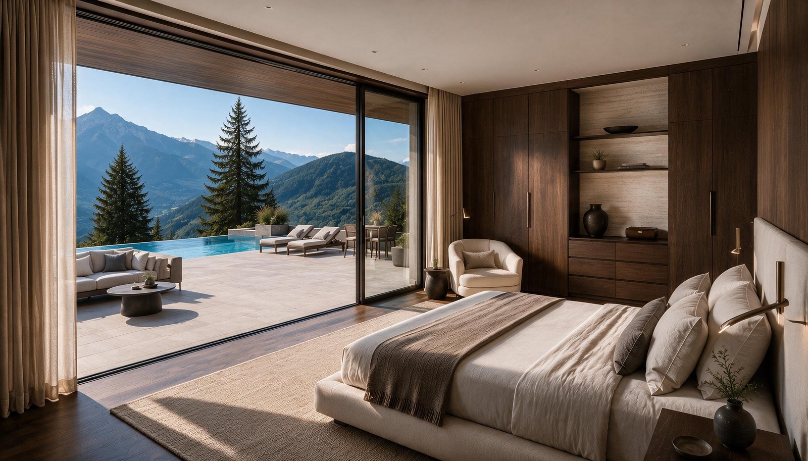 Principal bedroom opening toward terrace and pool