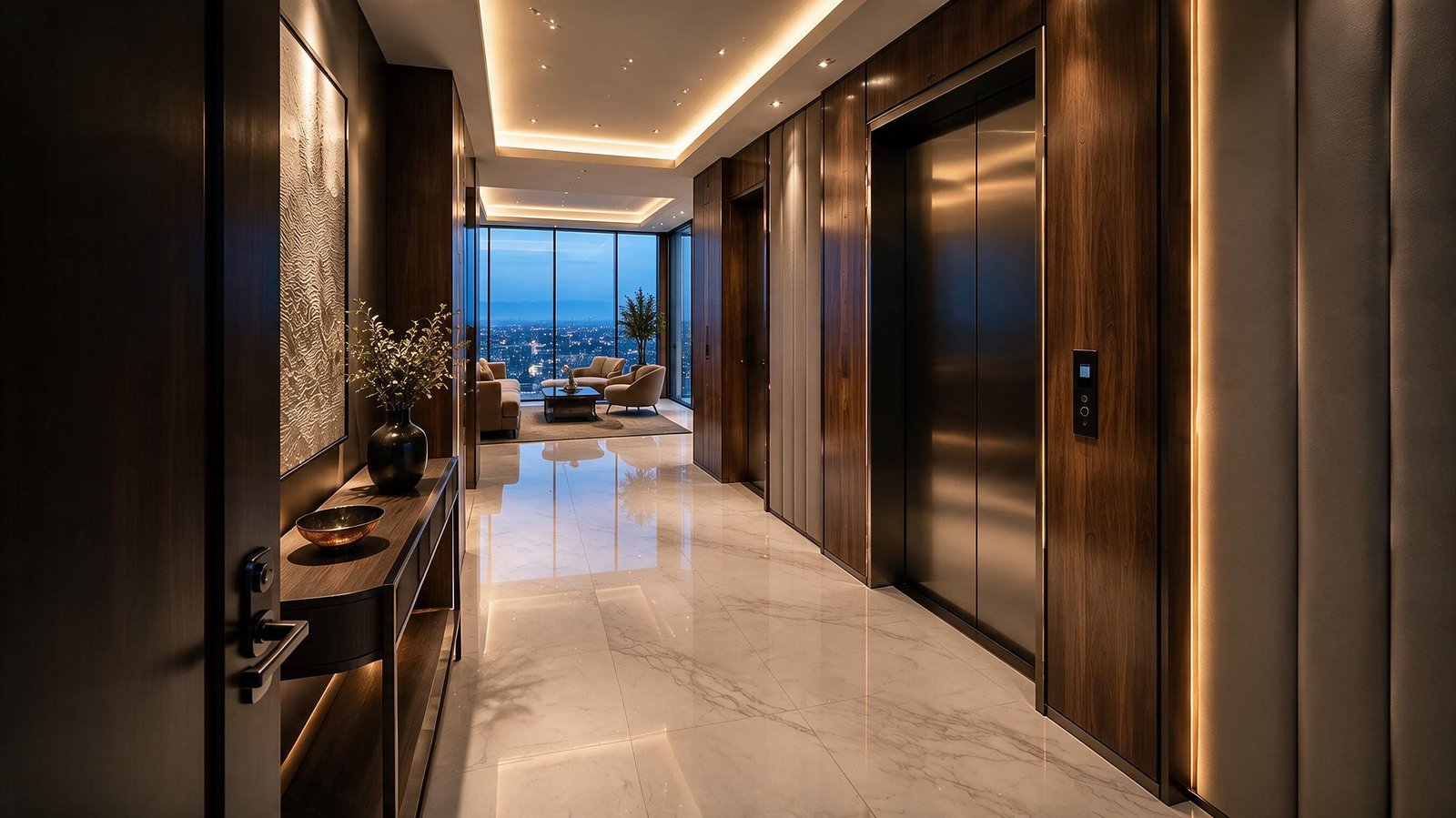 Penthouse entrance hall with lift, timber panelling and city view