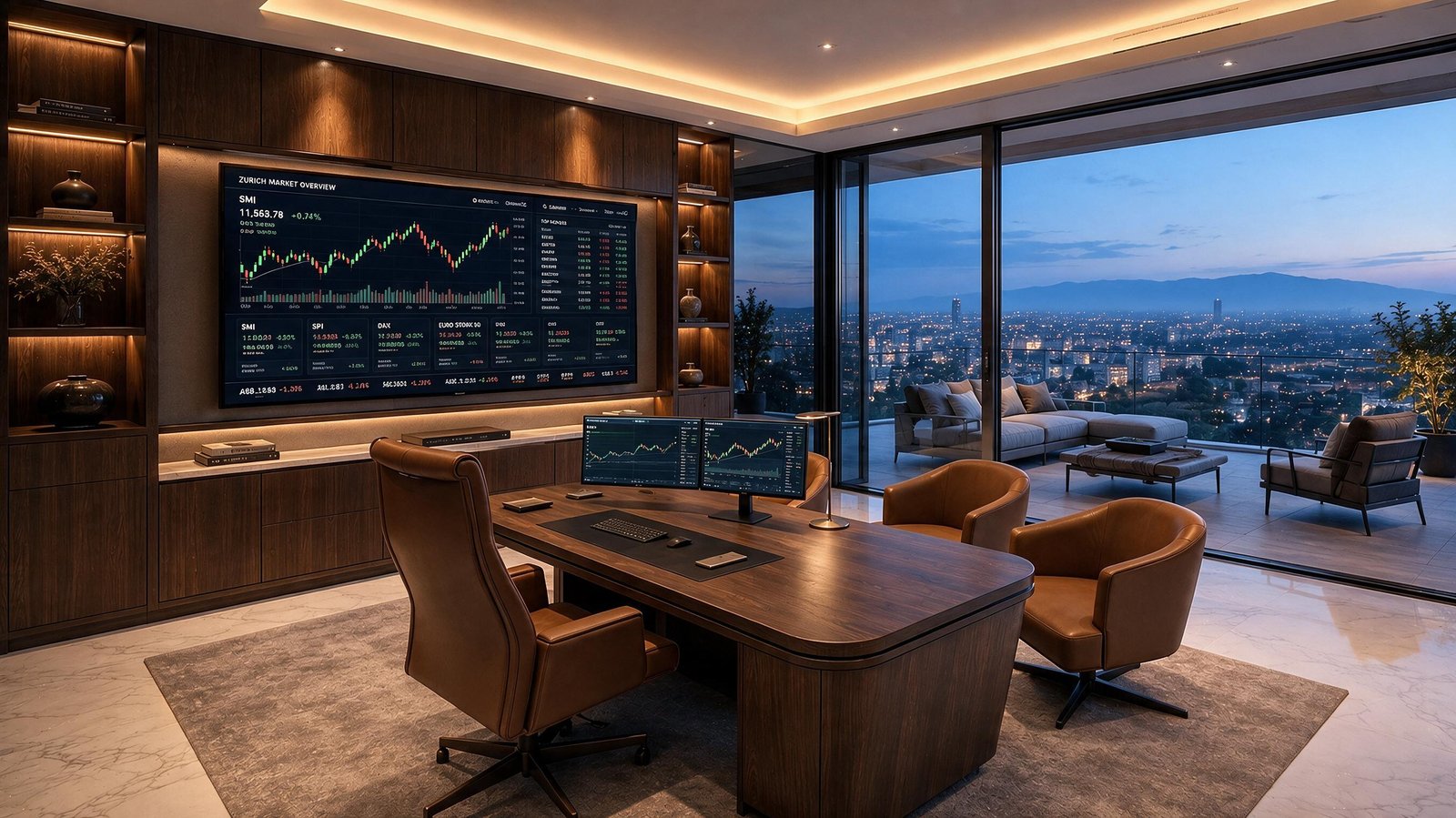 Penthouse study with integrated market displays and terrace view